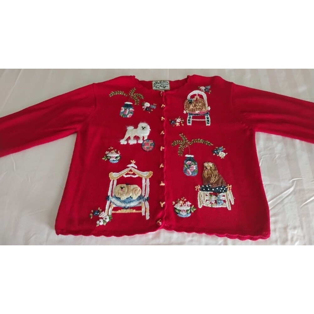 Heirloom Collectibles Cardigan Sweater Dogs Floral Coquette Crewel Grandma L GC